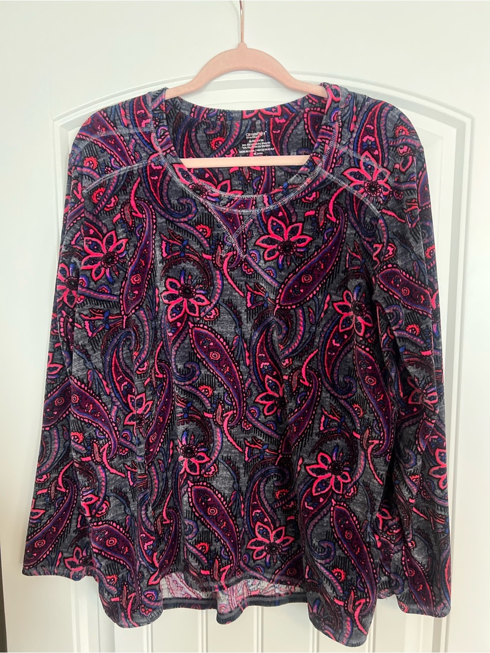 Long Sleeve Paisley Crew Neck Top - Pink & Purple